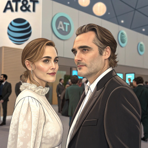 Joaquin Phoenix and Arlyn Phoenix at a tech conference. Behind them, a tapestry of AT&T logos. Both looking towards the camera