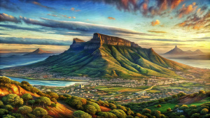 "The iconic Table Mountain in South Africa, with its flat-topped summit rising above the city of Cape Town. The mountain is covered in lush vegetation, and the view from the top offers panoramic vistas of the ocean and city below."