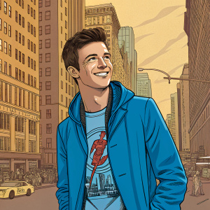 Grant Gustin, cheerful actor, in a comic book style illustration. He wears a bright blue jacket over a graphic tee. Vibrant background with cityscape