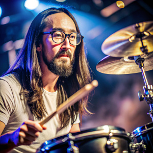 Steve aoki con lentes de jhon lennon tocando la batería 