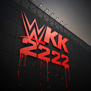 Modern WWE 2K22 logo, dripping effect, bold red letters, plain black background, digital art