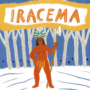 Iracema, an indigenous warrior, depicted in a vibrant digital painting. Dark skin, long hair, adorned with feathers and traditional green leaves. Wields a spear in one hand. Set against a dense, tropical rainforest, with 'IRACEMA' emblazoned above.