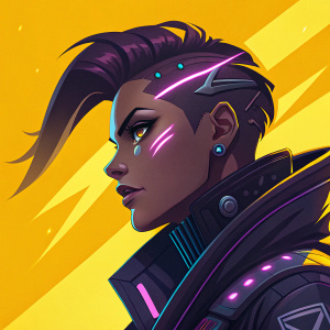 Close-up of Sombra from Overwatch, vibrant and stylized artwork. Bright yellow background, sharp contrast