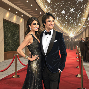 Ian Somerhalder and Nikki Reed at the Gotham Awards. Nikki in a shimmering black gown, Ian in a classic tuxedo. The venue is decorated with sparkling lights and red carpet.