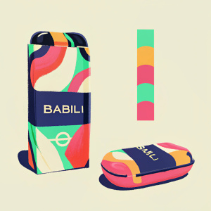 Modern sleek packaging design for Babili. Brightly lit studio environment, showcasing product from multiple angles.