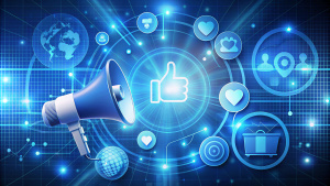 Design an abstract image 
representing digital marketing. 
depicted as a sleek. 
Incorporate Megaphone,
Light bulb,
Target audience icon,
Like/Heart symbol,
Dollar sign/Shopping cart,
Social media logos, Social media logos,
Mobile phone icon,
Chart/Line graph,
Light bulb with gears.
incorporate in background 
Data streams/Connections.
The color scheme should 
feature high-tech blues,  
teals, and metallic accents