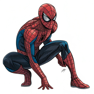 Detailed illustration of Spider-Man. Crouched pose with complex webbing patterns. Muscular body. Created using vector art.