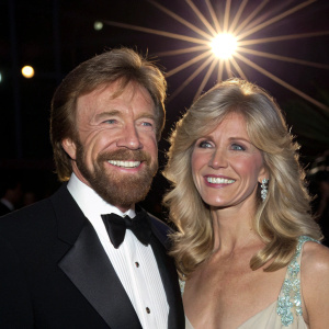 Chuck Norris and Gena O'Kelley, a smiling couple, at a charity event. Formal attire, spotlight background.