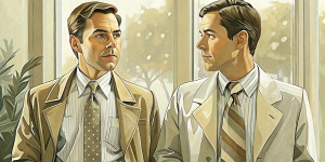 Masterpiece, painting by Adrian Tomin: A recruiter, a handsome 35-year-old man, dark-haired with short hair, dressed in a beige jacket and a white shirt with a brown tie, and the candidate, a handsome 35-year-old man, dark-haired with short hair, dressed in a beige jacket and a white shirt with a brown tie, both lean in, engaged in a lively conversation. Their faces are animated, reflecting a mutual enthusiasm, Both are smiling