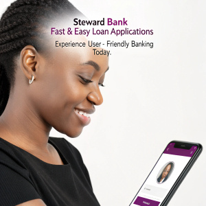 Steward Bank's digital ad showcasing a sleek smartphone interface with a woman's face. Headline: 'Fast & Easy Loan Applications. Experience User-Friendly Banking Today.'