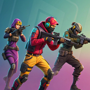Digital illustration of Fortnite characters in intense action poses. Vibrant colors and high-definition details on their outfits and gear. Solid background with gradient effect highlighting characters' unique traits and competitive spirit.