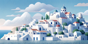 White illustration, Rene magritte style, isolated surrealistic collage of a lot of old greece houses and trees on island, huge ocean and big sky, light pastel colors, asymmetrical composition, zoom out view, grainy texturing paper