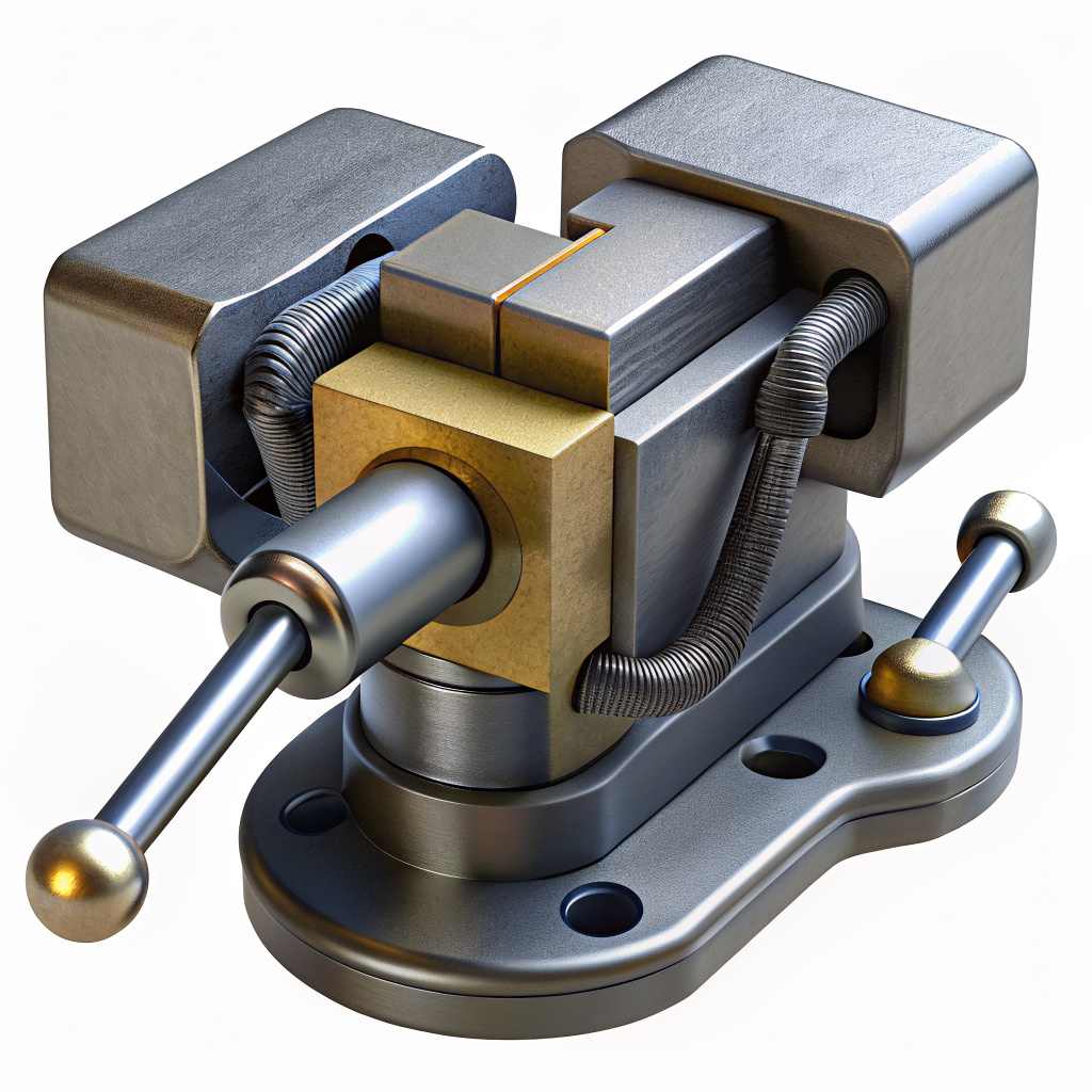 3D Render of a vise attached to a workbench with a piece of metal clamped inside, on isolated white background