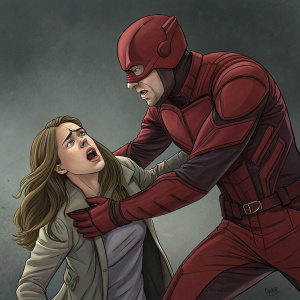 Comic book style illustration of Matt Murdock, aka Daredevil. In red suit, pushing a frightened woman. Dark, muted gray background