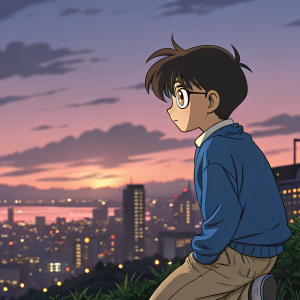 Digital illustration of Conan Edogawa from Detective Conan manga. A young boy with contemplative look, wearing a blue sweater and khaki pants. Set against a vibrant cityscape at dusk