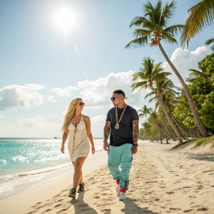 Aubrey O'Day and Pauly D stroll along a sunny beach. Tropical palm trees and clear blue ocean visible in background.