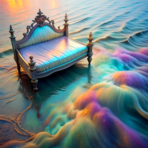 
close up night antique bed with bedspread on it in the wavy  sea Shimmering pastel Bioluminescent liquid fairytale masterpiece Magical Holographic liquid Glossy Bioluminescent iridescence  Shimmering Holographic   Foil