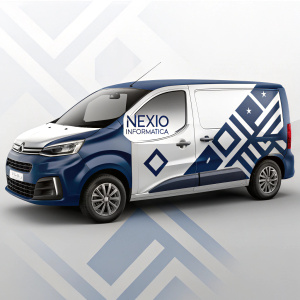 Rendered image of a blue and white van, Nexio Informatica's logo and branding in bold geometric pattern. Sleek design, digital art style