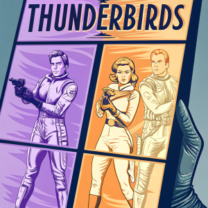 A detailed comic-style illustration featuring characters from Thunderbirds. Each figure is uniquely dressed and labeled with their respective gadgets in a structured layout.