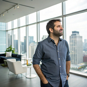 Slava Rubin, CEO of Indiegogo, sporting a casual shirt and stubble. The backdrop is a sleek modern office space with large windows overlooking the city.