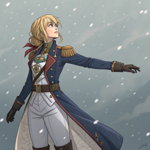 Digital illustration of a Caucasian female character inspired by Violet Evergarden. Blonde hair, military-inspired attire. Dramatic wide-stance pose. Muted gray background with falling particle effects. Dark brown base with intricate design details.