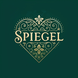 A high-end luxury logo featuring the brand name SPIEGEL in gold font. The logo is a symmetrical heart shape with intricate design elements on a dark green background.