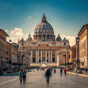 St. Peter's Basilica in Vatican City. Wide shot. People walking in the foreground. Clear blue sky above