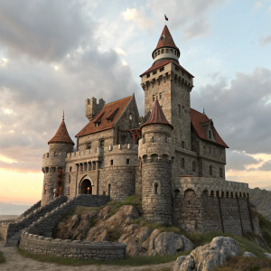 Digital art of Castle Bran Kitbash, a 3D model with intricate textures and UV mapping, rendered in photorealistic style