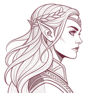 Digital illustration of Rayla, a female character, with intricate line-art detailing. Close-up profile view showcasing her focused expression and flowing long hair.