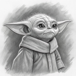 Highly detailed sketch of Baby Yoda. Star Wars character. Pencil drawing. Calm expression, simple clothes. Focus on face and body. Gray shaded background. Precise lines.