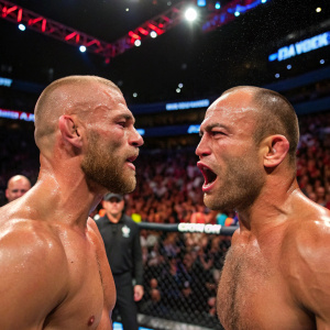 Action shot of Donald 'Cowboy' Cerrone and Eddie Alvarez during a heated UFC bout. The arena is packed with enthusiastic fans, the atmosphere electric.