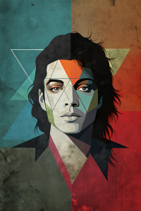 create a poster with the geometric outline of Michael Jackson's face, painted with a few charcoal smudges. in the background, there are three geometric figures overlap. all on a grunge wall, Picasso-style, colorful