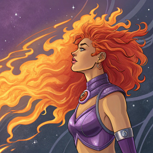 Illustration of Starfire. Fiery orange hair, swirling flames around her. Purple metallic bodysuit. Dark cosmic background with starry abstract design.
