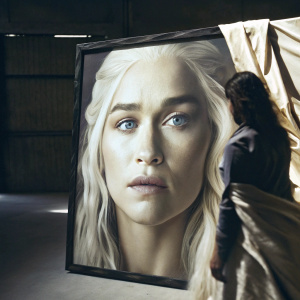 Close-up portrait of Daenerys Targaryen's face, digitally printed on a canvas backdrop.