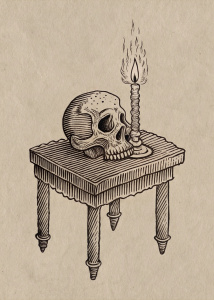 A black and white medieval woodcut illustration of a human skull on a table, with a burning candle