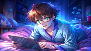 (masterpiece,absurdres,best quality),perfect eyes, perfect face,perfect body,a man,short brown hair,slanted bangs,blue eyes, wearing blue long-sleeved pajamas and round glasses,nght, in the bedroom, sitting on the bedside, leaning on the pillow, Looking at the tablet in hand, relaxed expression, smile, dynamic pose.clear line art, High detailed,Kyoto Animation