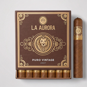 Digital artwork showcasing La Aurora's Puro Vintage cigar line. Brown packaging, vintage design, lion logo, intricate golden scrollwork, 2007 edition.