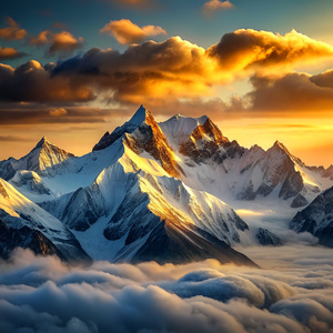 Snow-capped mountain peaks during sunrise.
