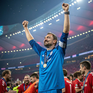 Jerzy Dudek in celebratory pose. Wearing blue jersey. Standing amidst crowd of teammates. Stadium background.
