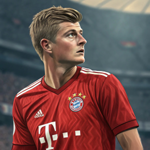 Toni Kroos in a red jersey with white Adidas logo. Focused expression, short styled hair. Blurry stadium background.
