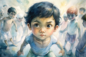 Imagen de un niño latino, pelo negro, ojos cafe oscuro de 3 años con su rostro, con mucho valor en su mirada se ve fuerza y valor, muy enérgico y entusiasta, su cuerpo es ligeramente robusto y está con otros niños planeando jugar y él es el líder de ellos. 

