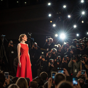 Laura Esposto, in a vibrant red dress, center stage at the Sky Movies gala. A sea of cameras and audience faces in the background.
