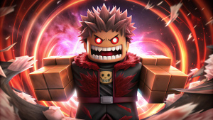 Create an image of Katakuri from One Piece, reimagined in a Roblox style. He should have vampire teeth and be using his dough powers. The scene should capture his menacing yet powerful presence, with dough-like elements swirling around him as he prepares to strike make the katakuri in roblox square shaped character 