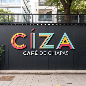 CIZA café de chiapas, vibrant logo on dark urban wall. Bold 'CIZA' in sleek black letters, with 'café de chiapas' in smaller, stylish font below.