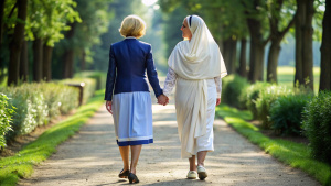 UNA MUJER RUBIA DE PELO CORTO ESTILISMO VESTIDO FORMAL ELEGANTEY UNA VIEJA MONJA ESTILO MADRE TERESA DE CALCUTA PASEANDO VISTAS DE ESPALDAS DESDE ATRAS POR UN SENDERO COGIDAS DE LA MANO