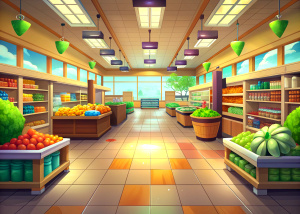 Create a vivid 2D cartoon-style depiction of an empty supermarket trading hall, featuring neatly arranged shelves stocked with various products. Infuse a playful and lively atmosphere into the scene, capturing the essence of a bustling yet charming cartoon marketplace
