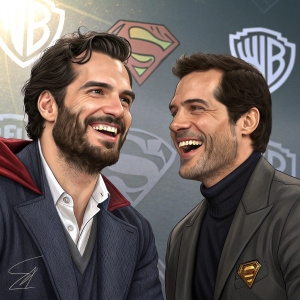 Henry Cavill and Raul Gonzalez at a press junket. Candid smiles and intense expressions. Studio setting with production logos in background.