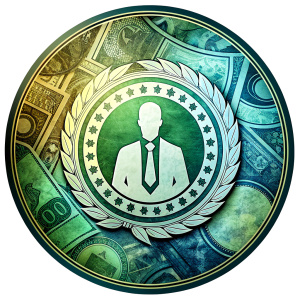 round shop logo. money themed. dollar and rich man images. unwritten