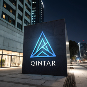 Creative logo for Qintar, featuring a modern geometric design with sharp angles and a striking blue hue. The brand name 'QINTAR' is displayed beneath. Dark, minimalist background. Illustration highlights various file formats.