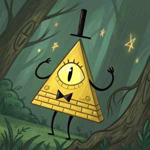 Bill Cipher, from Gravity Falls, in a vivid illustration. Dark green background, eerie smile